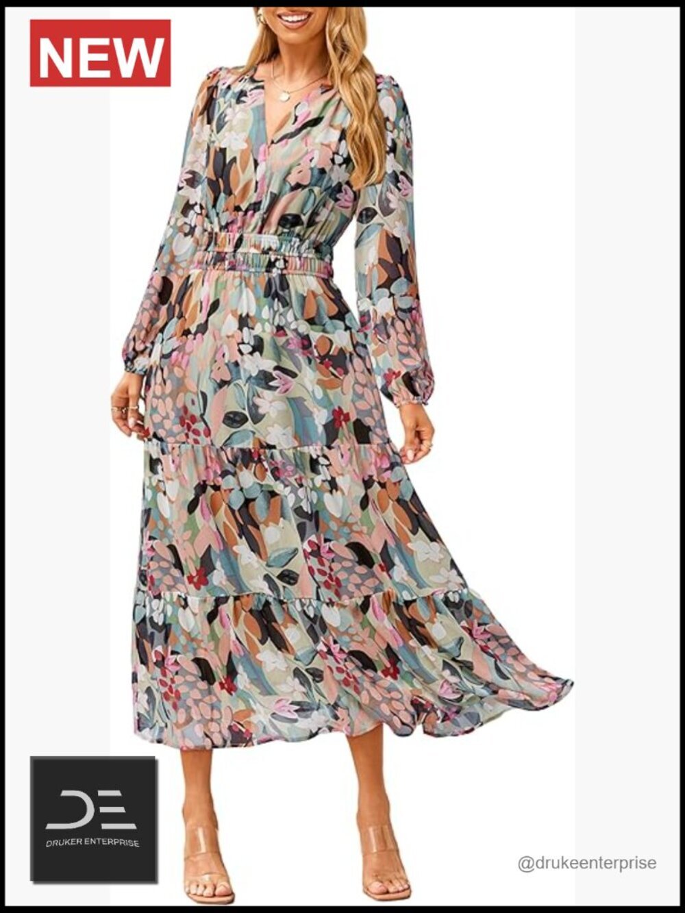 Women's Floral Boho V-Neck Long Sleeve Maxi Dress Empire Waist Swing Flowy